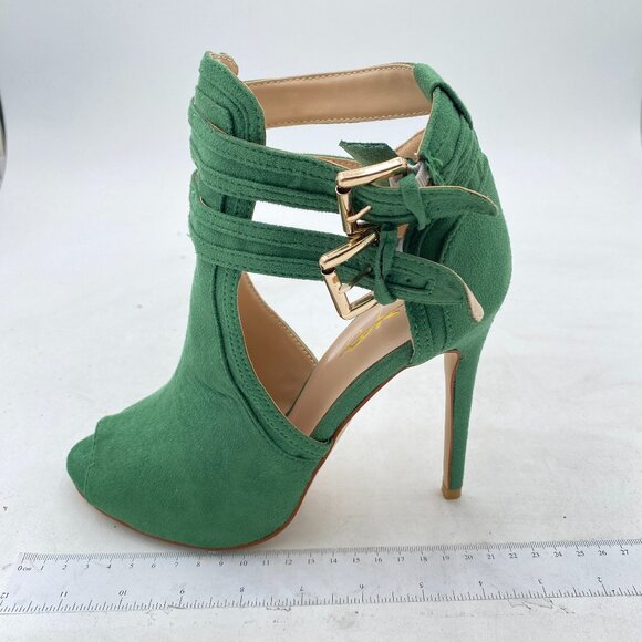 XYD Green Suede Peep Toe High Heels Buckled Double Straps Cutout Ankle Bootie - Picture 2 of 8
